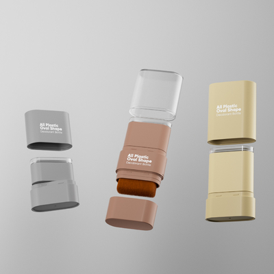 Fabrica directa puede personalizar el color base pegado todo de plástico de forma ovalada botella de desodorante con un cepillo